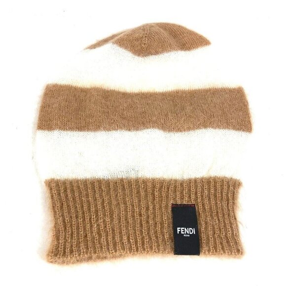 Auth FENDI FXQ107 border beanie hat knit hat knit cap Knit hat silk Brown/White
